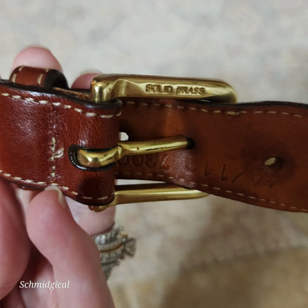 Lands End Mens Belt Khaki Canvas Brown Leather Solid Brass Buckle USA Made 73990